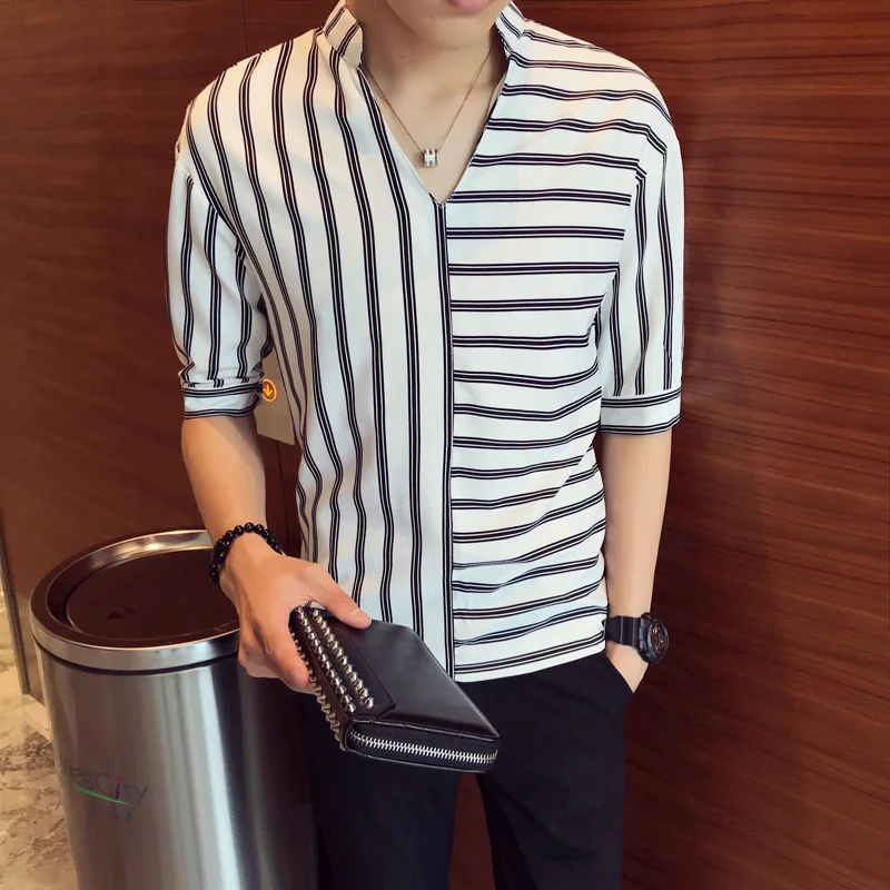 

Men'S Trend Stand Collar Striped Black And White Shirt Stitching Stripe Party Casual Seven-Point Sleeve Breathable Shirt