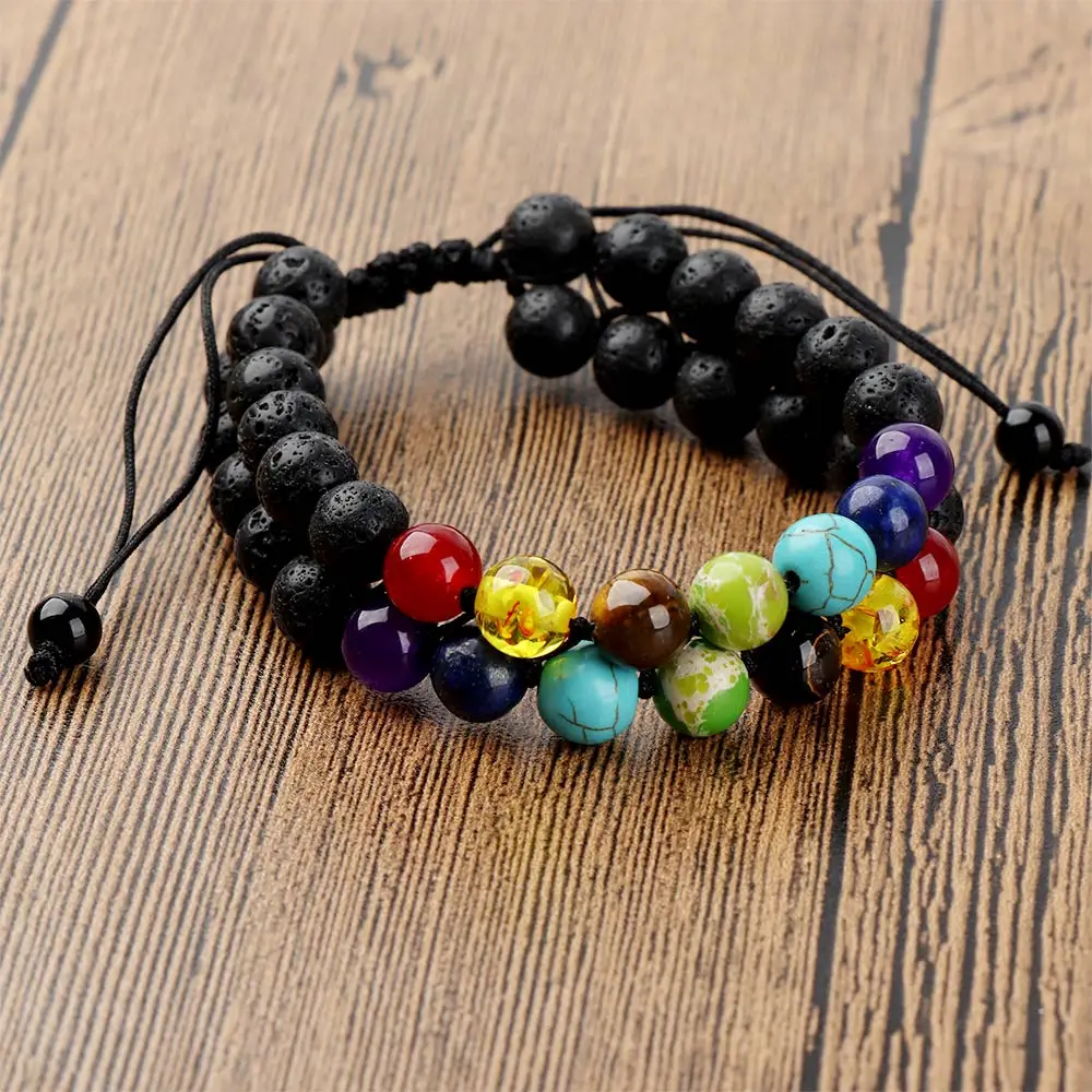 

Volcanic Lava Stone 2 Strands Bracelets Bangle 7 Chakra Beads Bracelets Healing Balance Yoga 8mm Beads Bracelet For Men Women