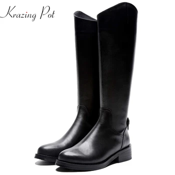 

Krazing Pot 2019 genuine leather long boots med heel career handsome women keep warm preppy style riding over-the-knee boots L81