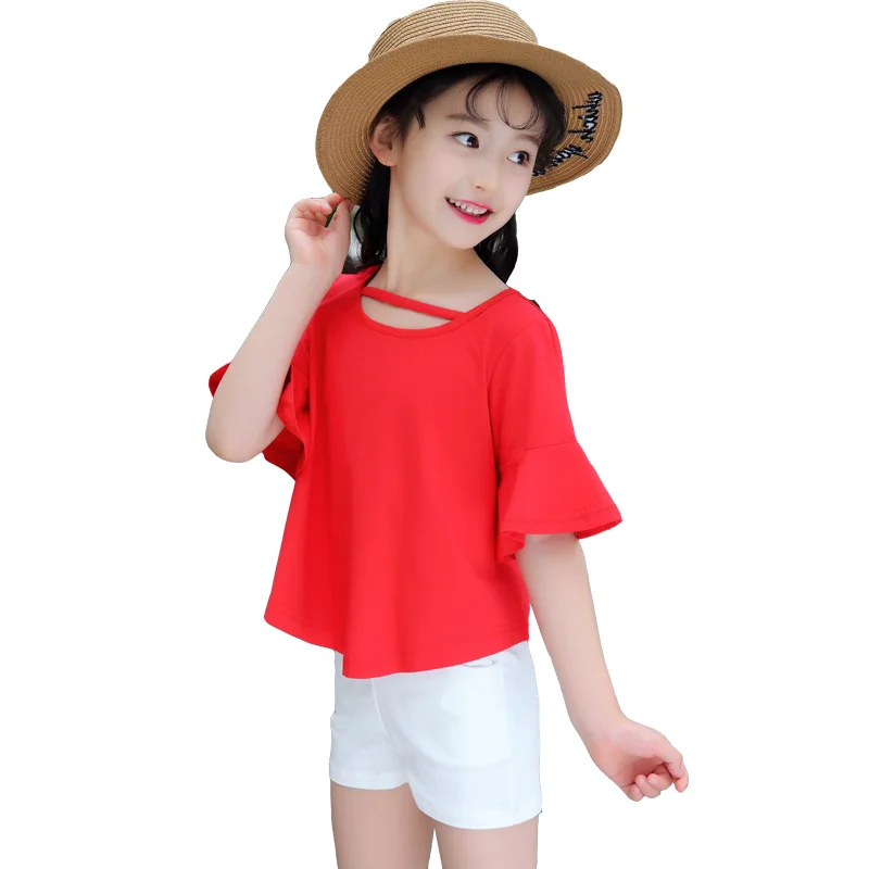 

Girls' summer set 2019 trendy cotton medium sleeve + short medium child small girl two-piece set of flared sleeve summer