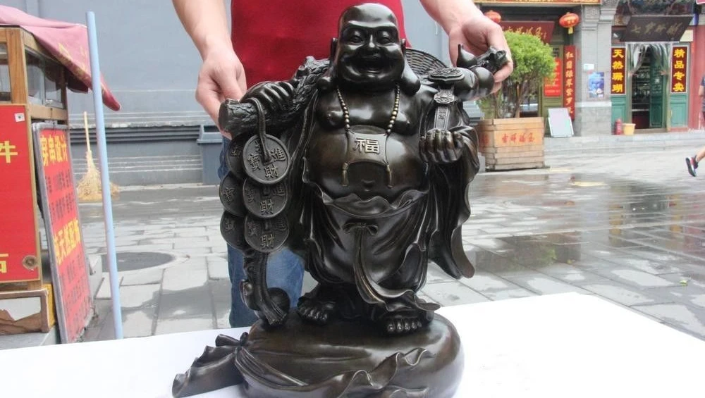 

19 China Copper Pure Bronze Happy Laughing Maitreya Buddha Money Bag Coin Statue