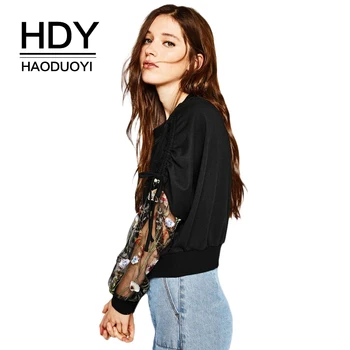 

HDY Haoduoyi Black Casual Sweet Lace Sweatshirts Embroidery Patchwork Semi Sheer Sleeve Female Lace Up Ruffles Pullovers Lady