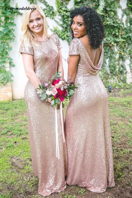 

Rose Gold Mermaid Bridesmaid Dresses 2019 Sequin Scoop Floor Length Backless Wedding Guest Party Gowns Country vestido de festa