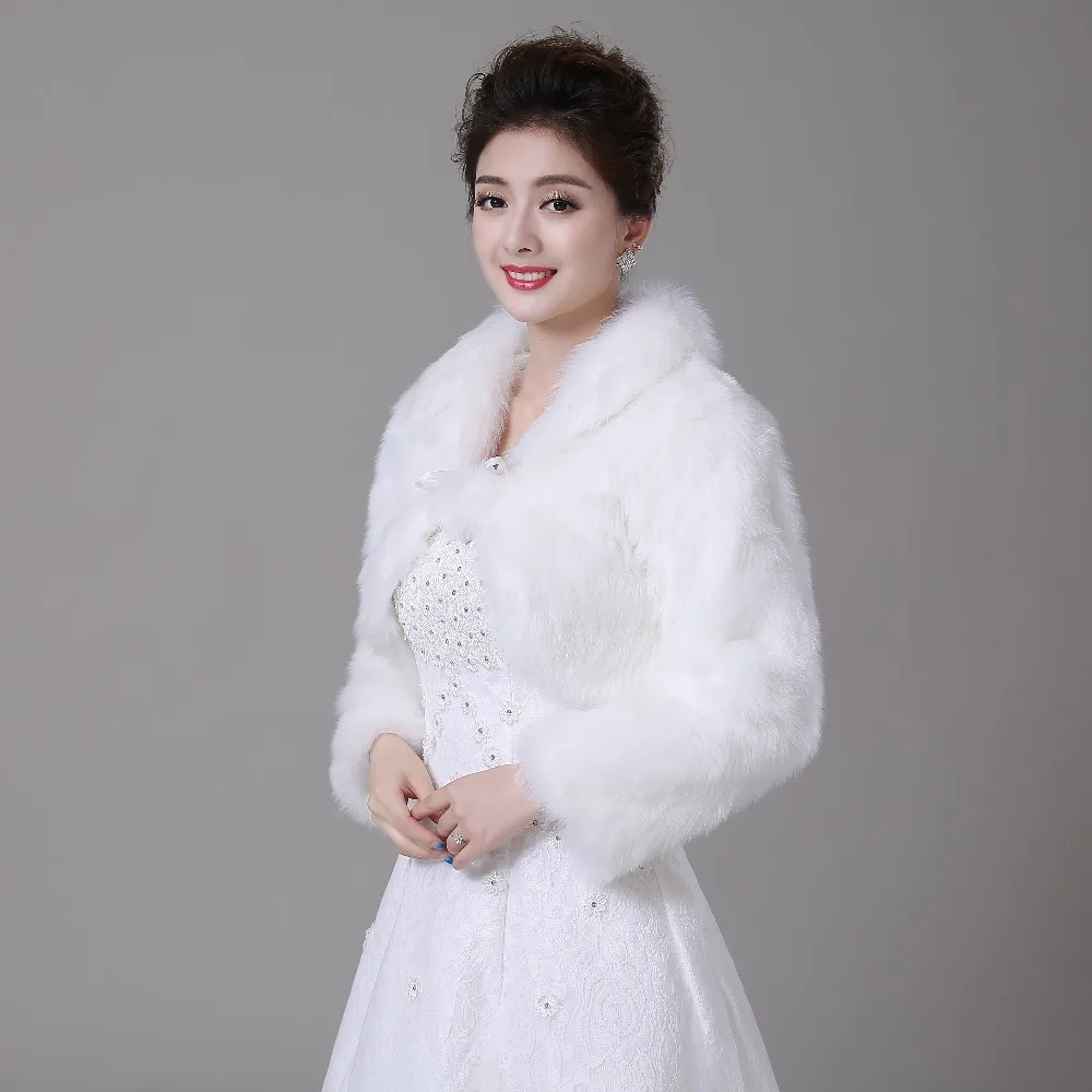 Walk Beside You Real Photos White Faux Fur Long Sleeves Wedding Jacket Bridal Bolero Party Wrap Customize