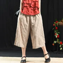 Для женщин лен брюки для девочек мотобрюки леди большой размер, свободного кроя полосатый Винтаж повседневное Мода сезон: весна-лето K1096