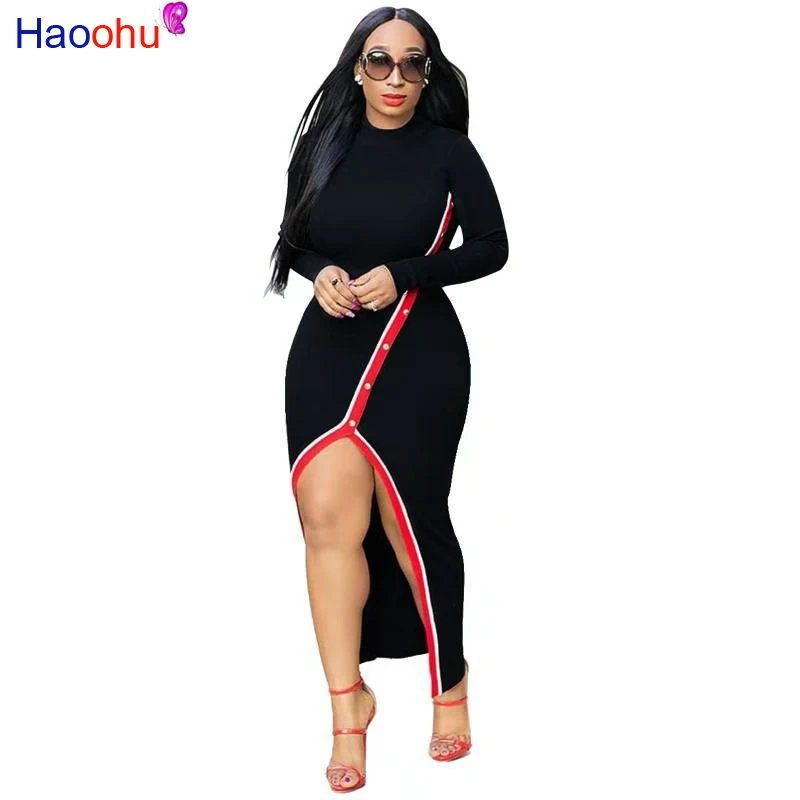 

Front Split Sexy Irregular Maxi Dress Women O Neck Long Sleeve Body-con Dress Autumn Plus Size Beaded Spliced Robes