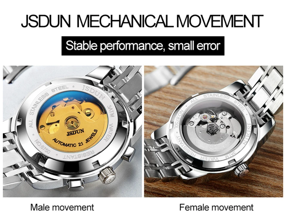 Пару часов из нержавеющей стали механические часы люксовый бренд JSDUN многофункциональный автоматический наручные часы relogio masculino saat