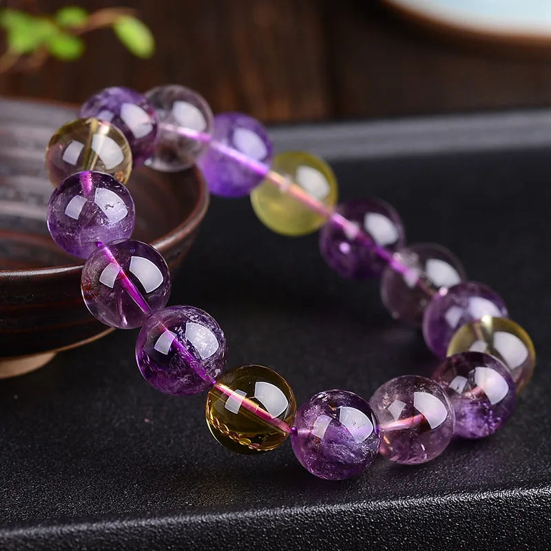 

Natural Ametrine Gem Stones Bangles & Bracelets Citrine Amethyst Crystal Quartz Round Bead Men Women Bracelet Gift Lucky Jewelry