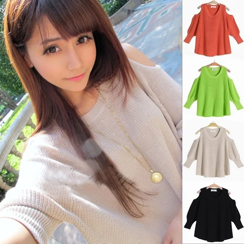 Free shipping 2015 New fashion Spring/Autumn Korean Women Sweet cute temperament batwing sexy strapless pullover sweater 4 color | Женская
