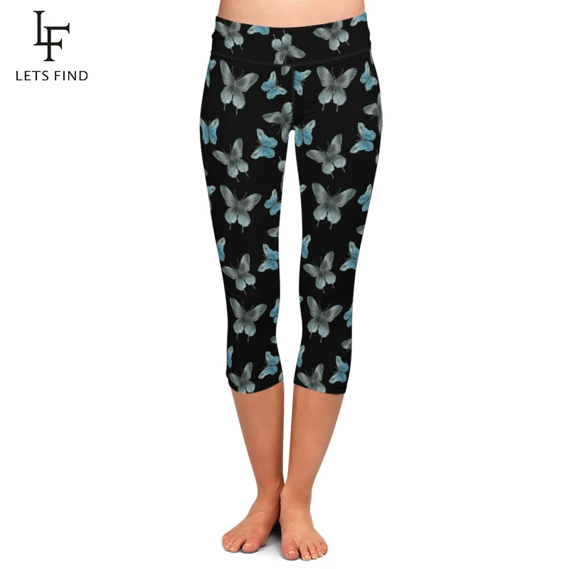 

LETSFIND High Waist Plus Size Women Black Capri Leggings Beautiful Butterfly Print Mid-Calf Fitness Movement Leggins Capri Pants