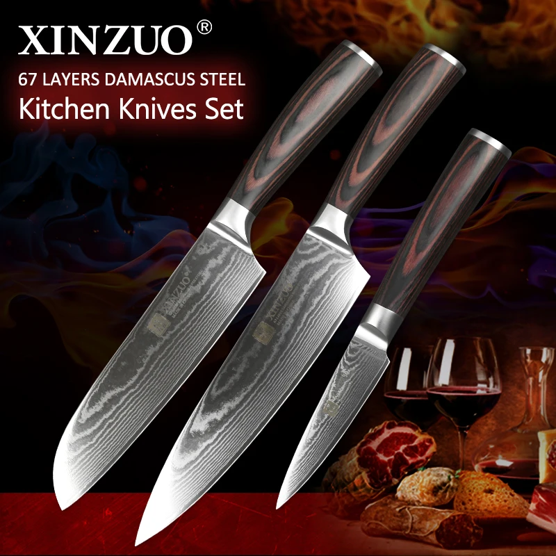  XINZUO 3 PCS Kitchen Cutlery Set Japanese Chef Santoku Fruit Knives Damascus Steel Kitchen Knife Pa - 32860858639