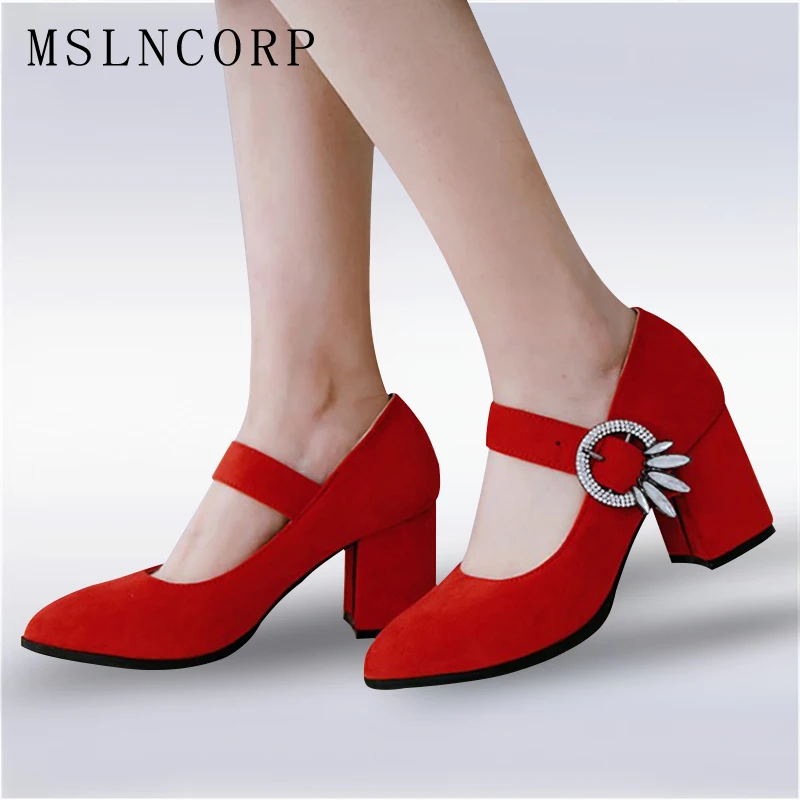 

plus size 34-48 New Women Pumps Thick High Heels Shoes Buckle Crystal Mary Jane Ladies Wedding Shoes fashion elegant work shoes