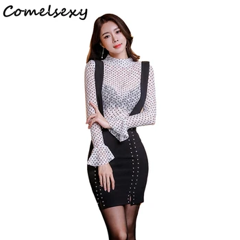 

Comelsex New Fashion Women 2 Piece Set Dress Spring Sexy White Print Dot Lace Shirt Tops + Strap Bodycon Rivet Split Skirt Suits