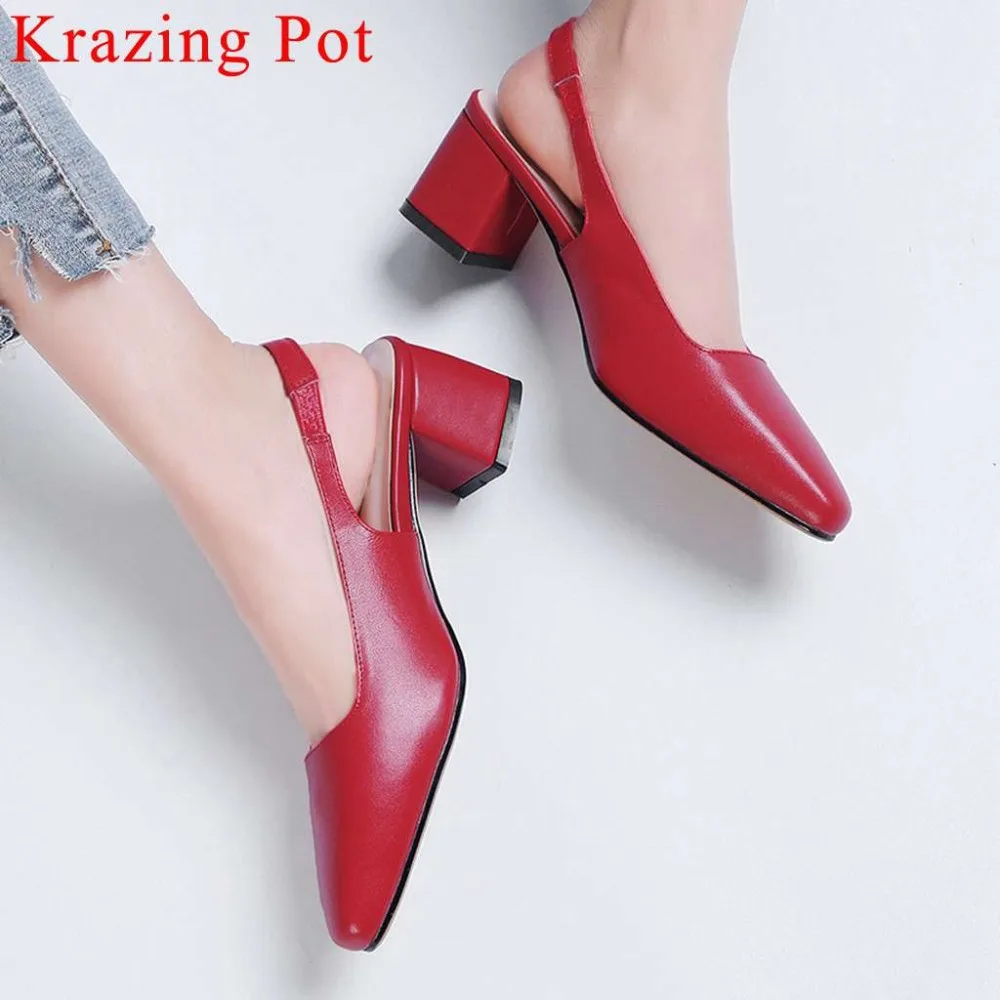 

New arrival young girl natural leather slingback woman pumps square toe chunky med heels comfort slip on wedding party shoes L08