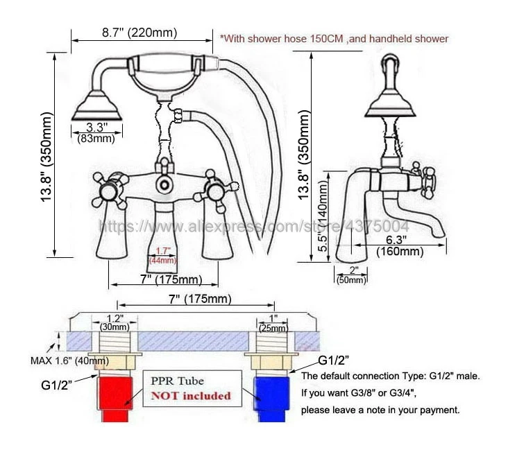 Golden Deck Mount Bathroom Clawfoot bathtub faucet & hand shower Basin sink Mixer Tap two handle tub faucet Nna150