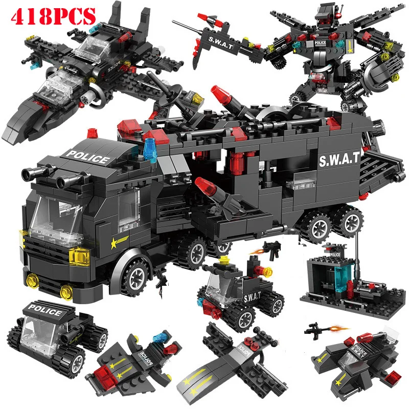 

8 in 1 City Police Command Trucks Building Blocks Compatible Legoed SWAT Car Helicopter Enlighten Bricks Toys Gifts For Children