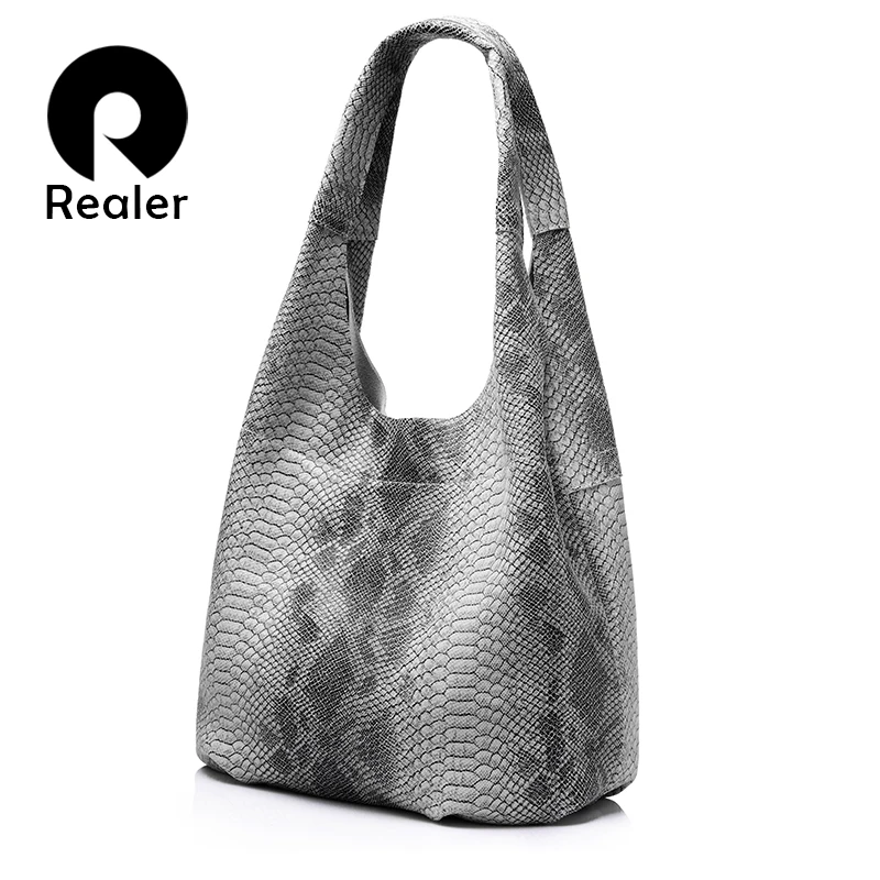

REALER genuine leather women handbag casual large capacity tote bag female serpentine prints leather shoulder bag