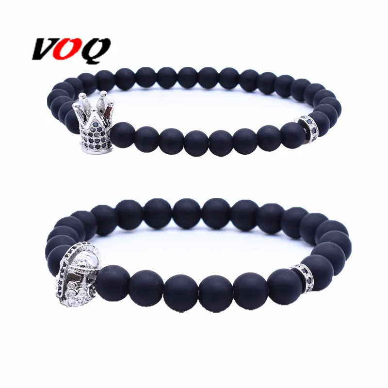 

2 pcs \ sets Fashion Helmet with Crown Bracelet set Elastic Rope Black Zircon Micro-embedded Couple Bracelet Lovers Jewelry