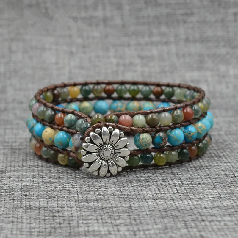 

DIEZI Bohemian Leather Wrap Bracelet Handmade Weave Natural Stone Beads Leather Strand Bracelet Couples Men Bracelets