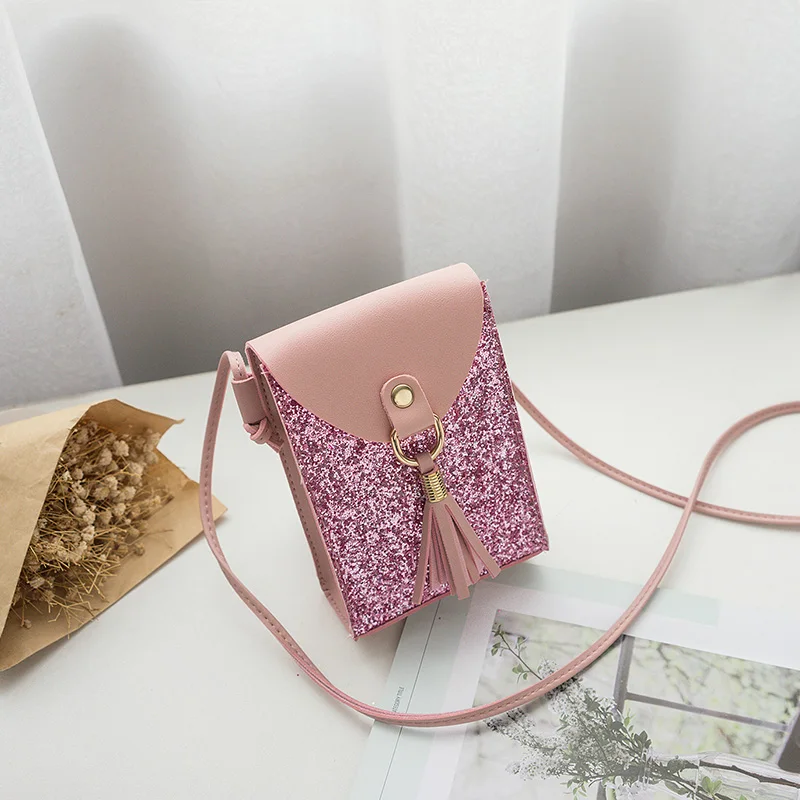 women small pink bling bling shoulder bag girl tassel mini cute solid color Glossy handbag cover opening bag cross body