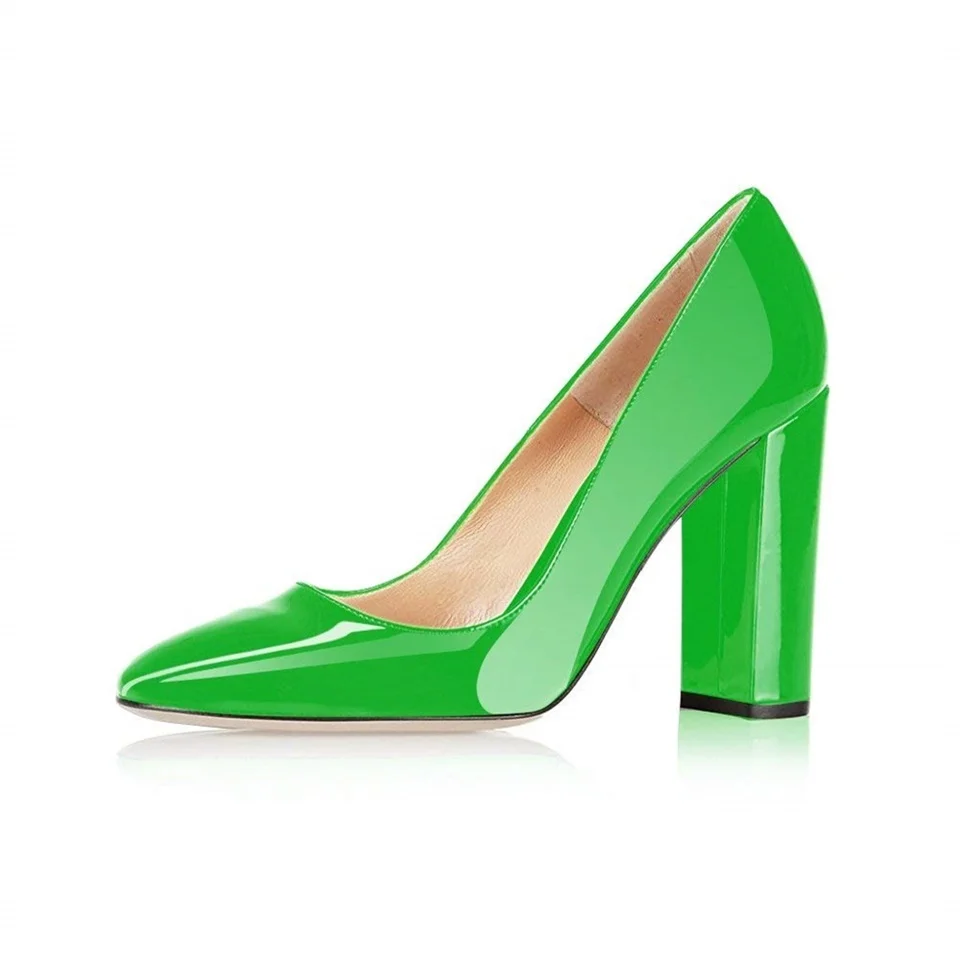 Kmeioo/женские пикантные туфли-лодочки из лакированной кожи с острым носком на квадратном каблуке; великолепные вечерние туфли на шпильке - Цвет: Green