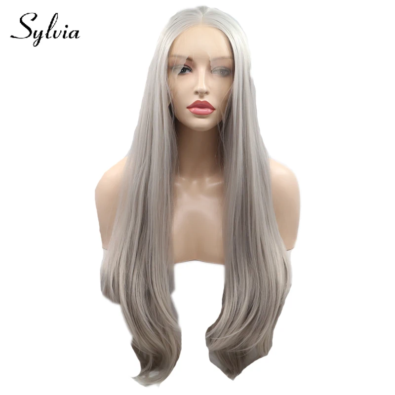 sylvia platinum grey natural wave synthetic lace front wigs natural
