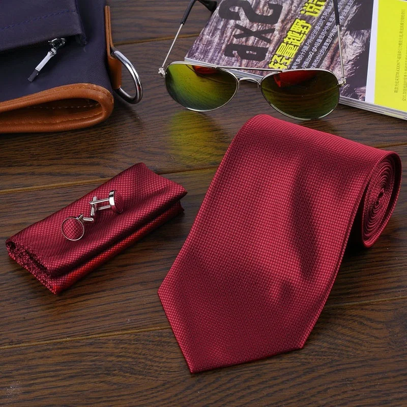 

1 Set Classic Solid Black Blue Wine Red Neck Tie and Handkerchief Necktie Cufflink for Men Formal Wedding Party Groom Hot Sell