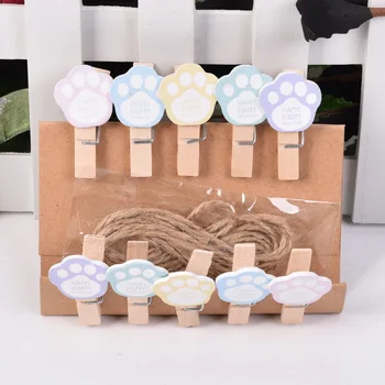

10 pcs/lot Cute Cat Paw Wooden Clip with Hemp Rope Photo paper Clothespin Craft Clips Party Decoration Clip