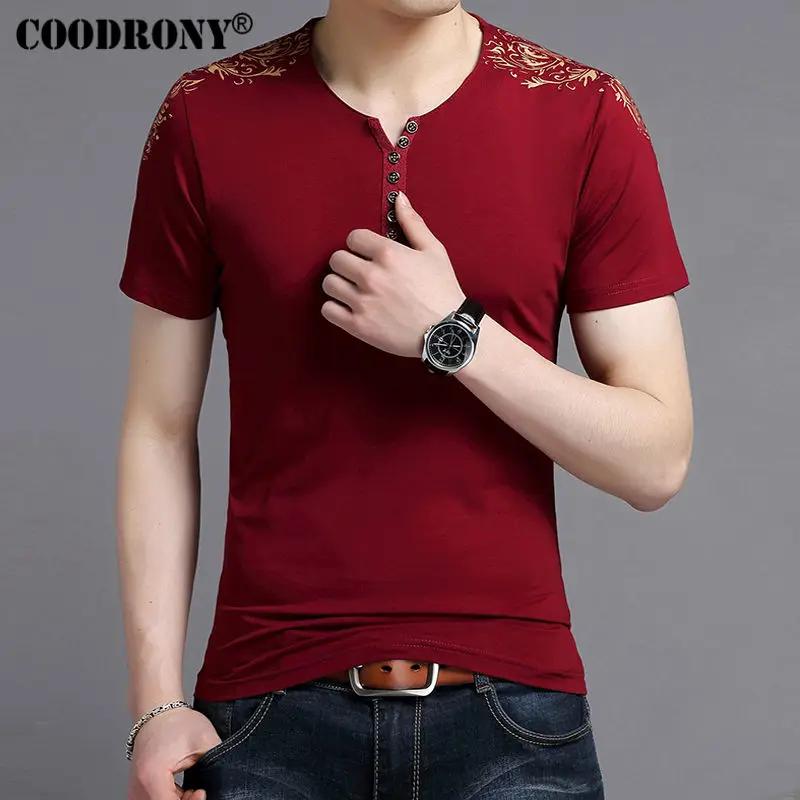 COODRONY Футболка мужская брендовая одежда летняя новая футболка с коротким рукавом и воротником Henry Мужская модная хлопковая Футболка с цветочным принтом S7603 - Цвет: Красный