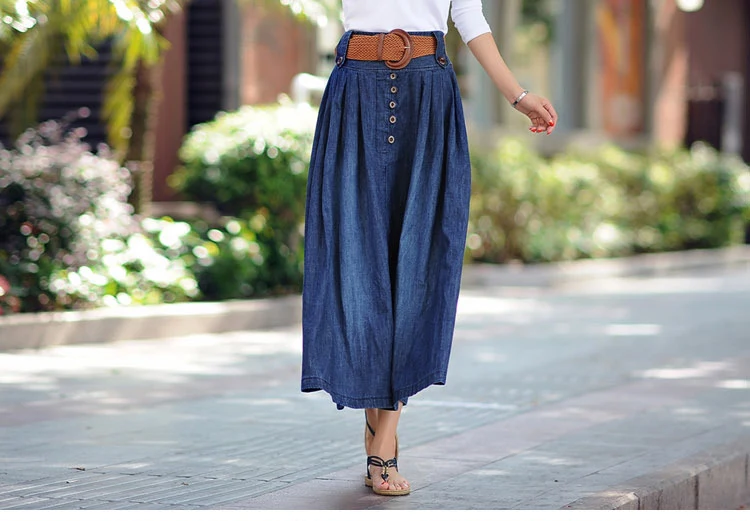 www.Nuroco.com - High waist denim long blue skirts with belt women ...