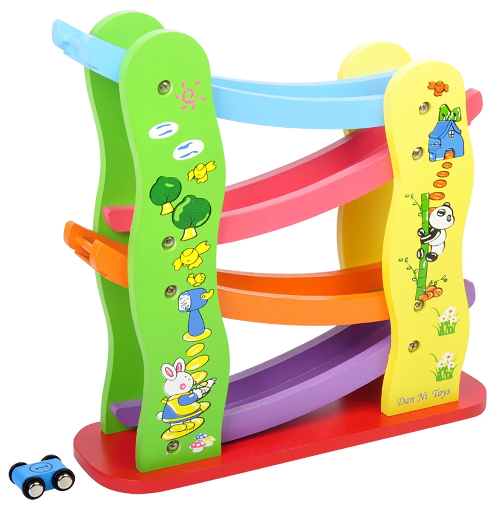 Baby Kids Colorful Wooden Ladder Gliding Car Wood Track Car Toys