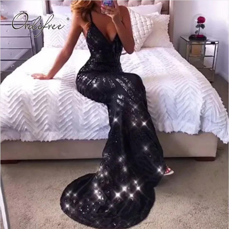 

Ordifree 2019 Summer Women Long Party Dress Club Wear Wrap Dress Black Sexy Bodycon Backless Gold Sequin Maxi Dress