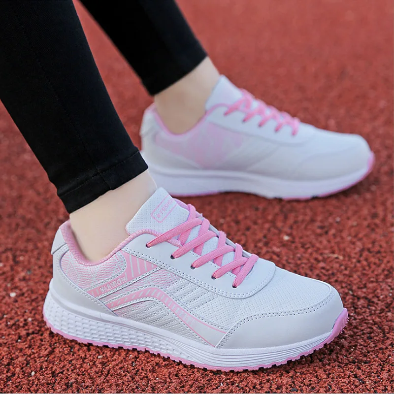 New All season Womens Leather Sneakers Light Non Slip Comfortable Lace up Running Shoes Woman EVA Sport Shoes Low Pink Purple 39