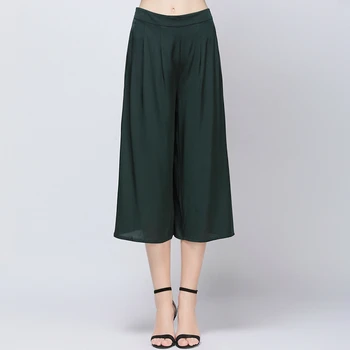 

90% Silk Pants Women Wide Leg Solid Elastic Waist Calf-length Pants Solid 3 Colors New Fashion Europe and American Style 2018