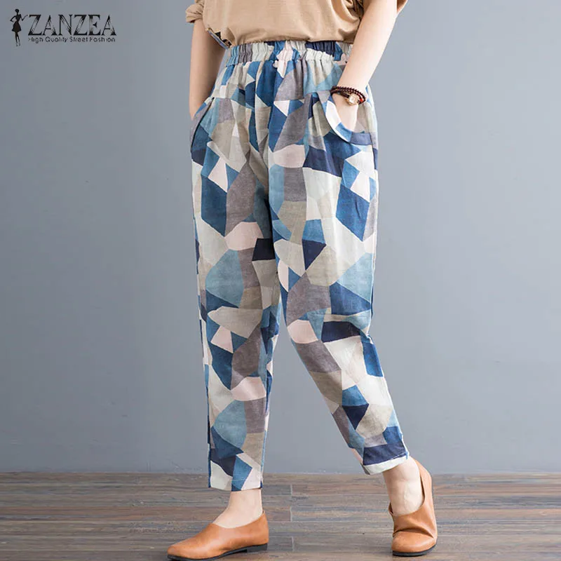 

ZANZEA Printed Women Summer Wide Leg Pants Casual Loose Cotton Long Trousers Elastic Waist Pantalones Mujer Streetwear Plus Size