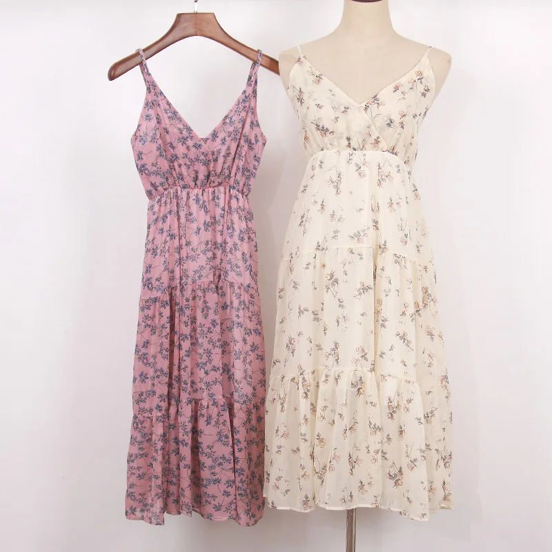 2018 fashion Women Summer Korean Print V Neck chiffon dress female-in