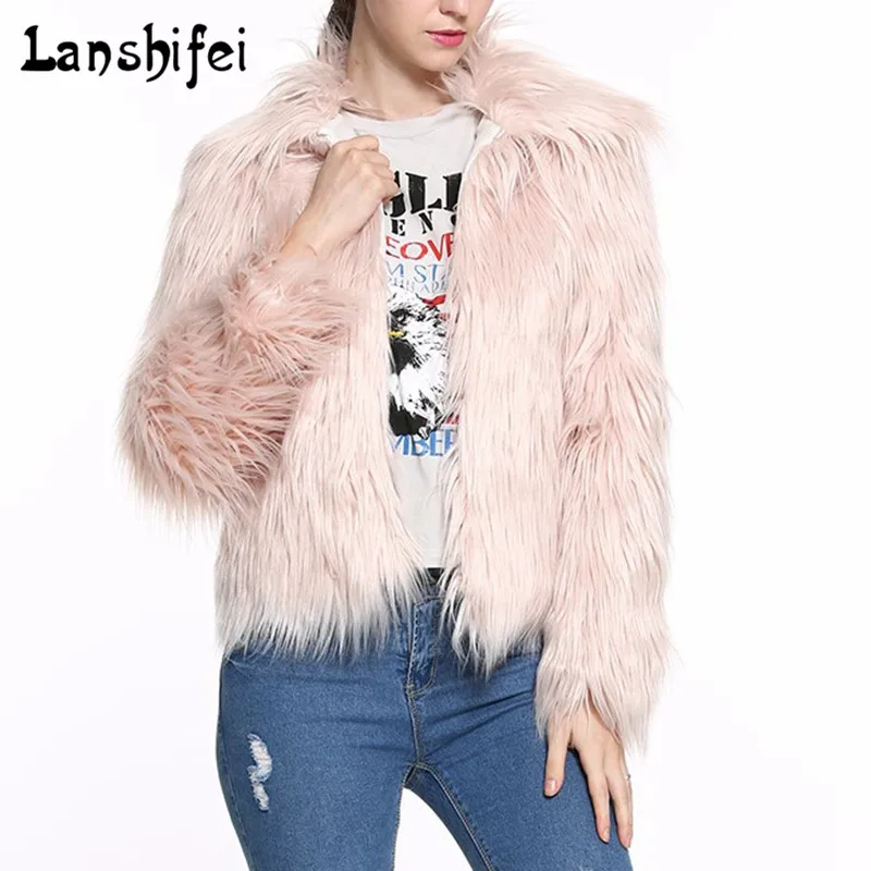 Women Winter Black Pink Short Fur Coat Long Sleeve Turn down Collar ...