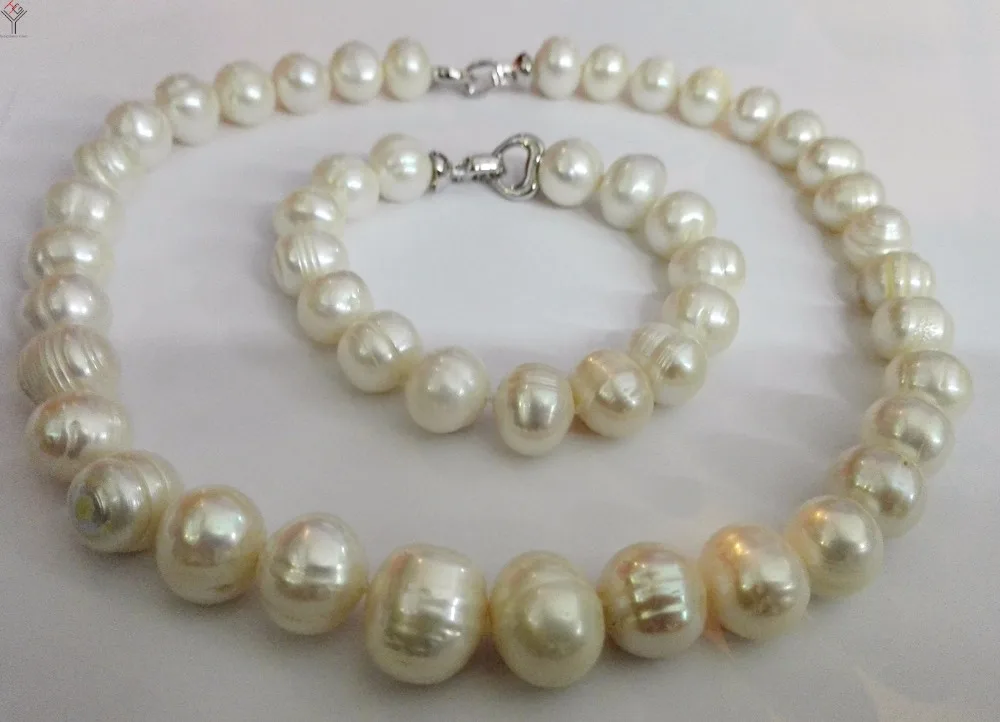 

Women Jewelry Set 12-15mm White Baroque Pearl Choker necklace Bracelet heart clasp Natural Freshwater pearl