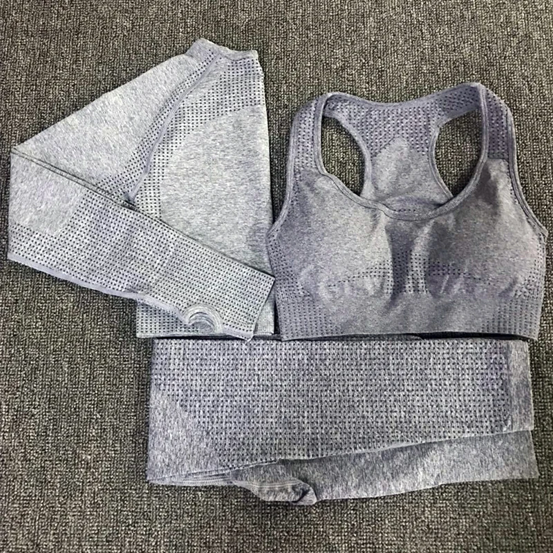 

3PCS Yoga Set Vital Seamless Leggings Sports Bra+Long Sleeve Crop Top+Women Running Gym Leggings High Waist Fitness Sports Suit