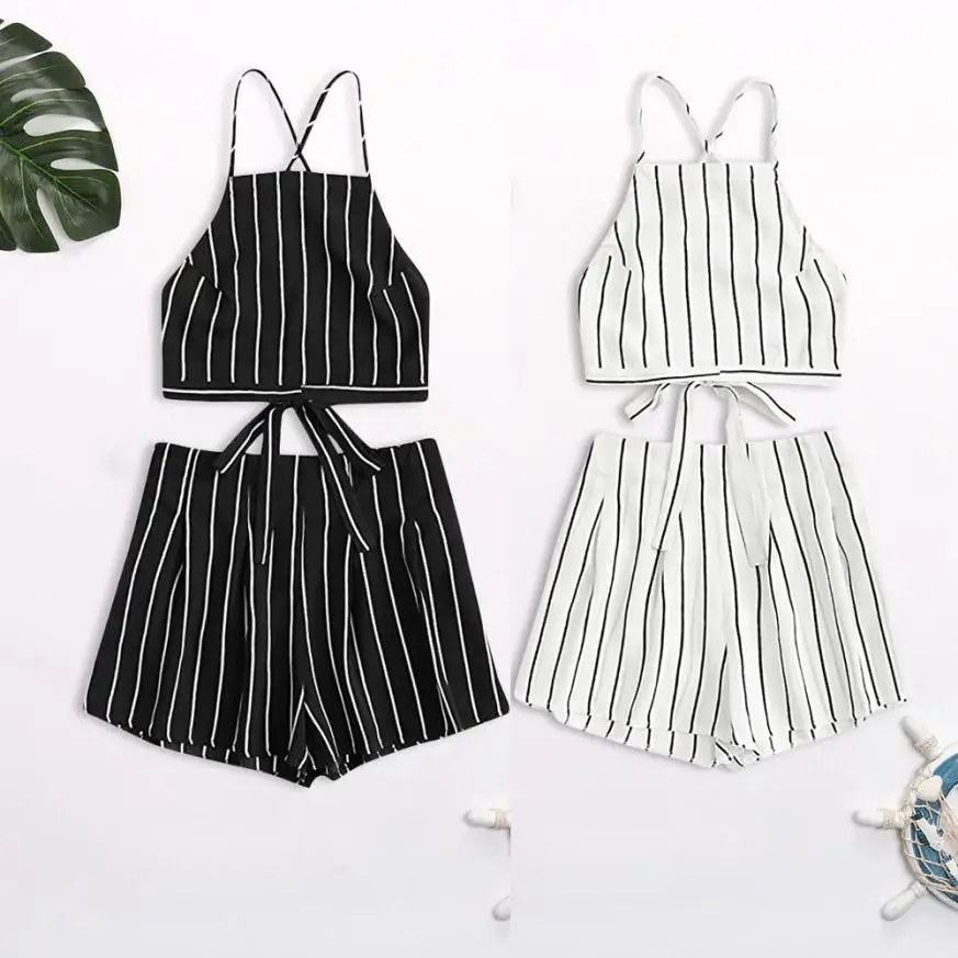 Feitong 2020 Women Sets Striped Blue 2 Pieces Set Crop Top And Shorts Bandage Strap Crop Cami Top With Shorts Set