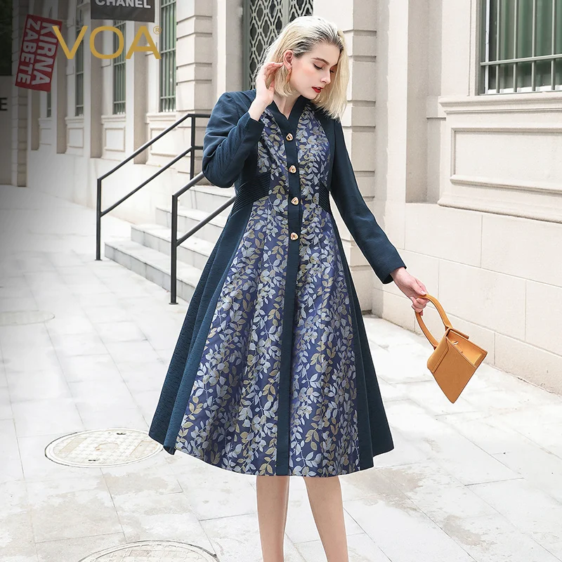 

VOA Single Breasted Trench Coat Women Print Brocade Silk Long Duster Coats Ladies Runway Clothes Windbreaker sobretudo Fall F383