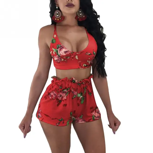 Cheap Women Summer Beach Holiday Sexy Slim Fit Low-cut Sexy Backless Printed Sun-top Vest Short Pants Two-pieces Suit Set Cheap Women Summer Beach Holiday Sexy Slim Fit Low-cut Sexy Backless Printed Sun-top Vest Short Pants Two-pieces Suit Set