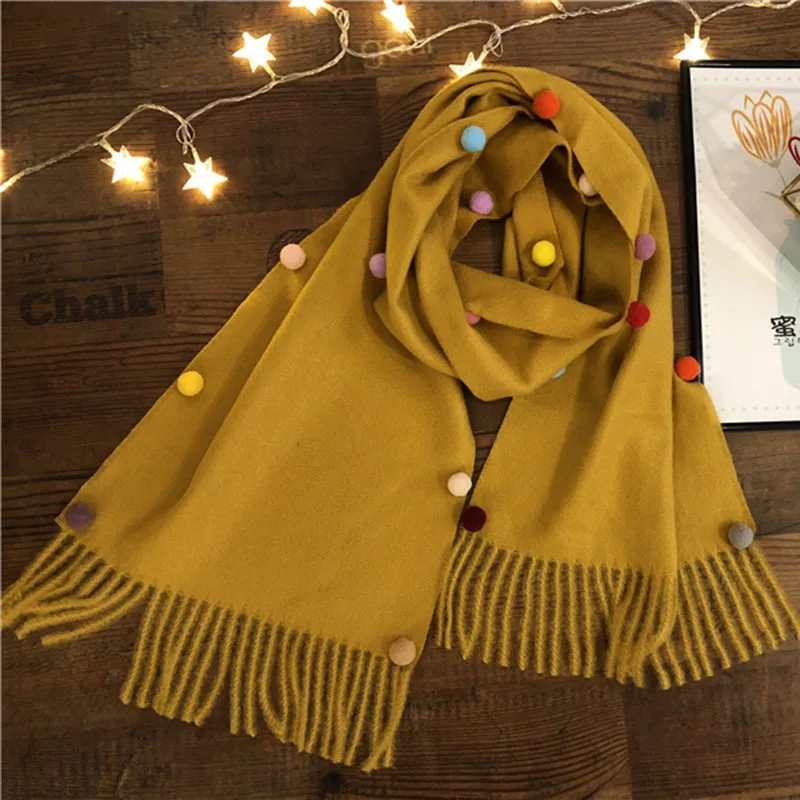 VISROVER, 9 цветов, Осень-зима, унисекс, детский кашемировый шарф с большими кисточками и помпоном, Детские теплые шарфы для шеи, мягкий снуд на ощупь - Цвет: yellow