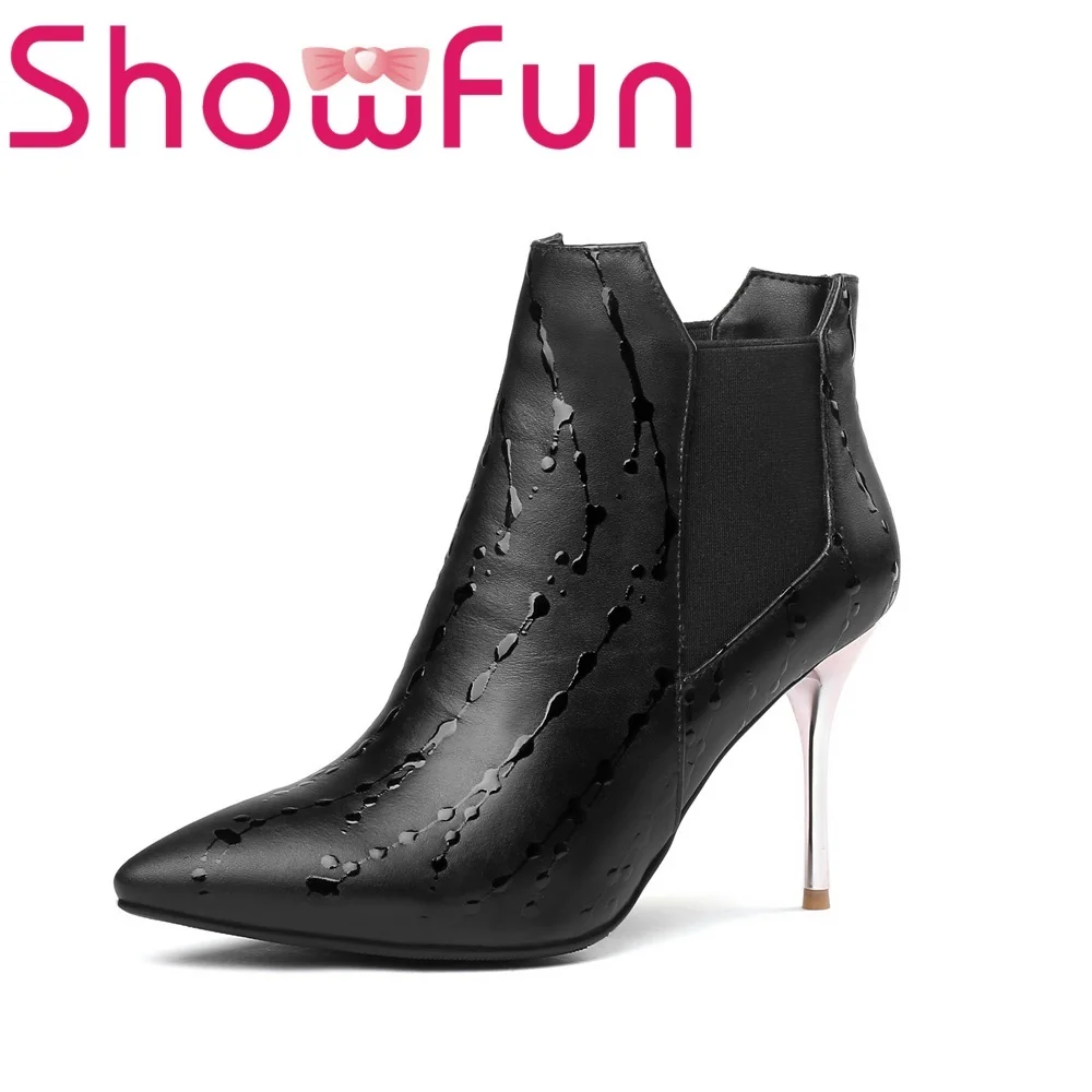 

Showfun genuine patent leather shoes woman ankle solid pointed toe zipper super high thin heel boots