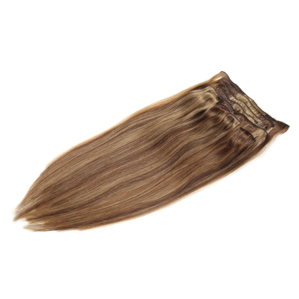 

18" 20" 22" 24" Piano Color #4/27 Double Wefted Full Head Brazilian Remy Hair Clip in\Hair Extensions 200g/set