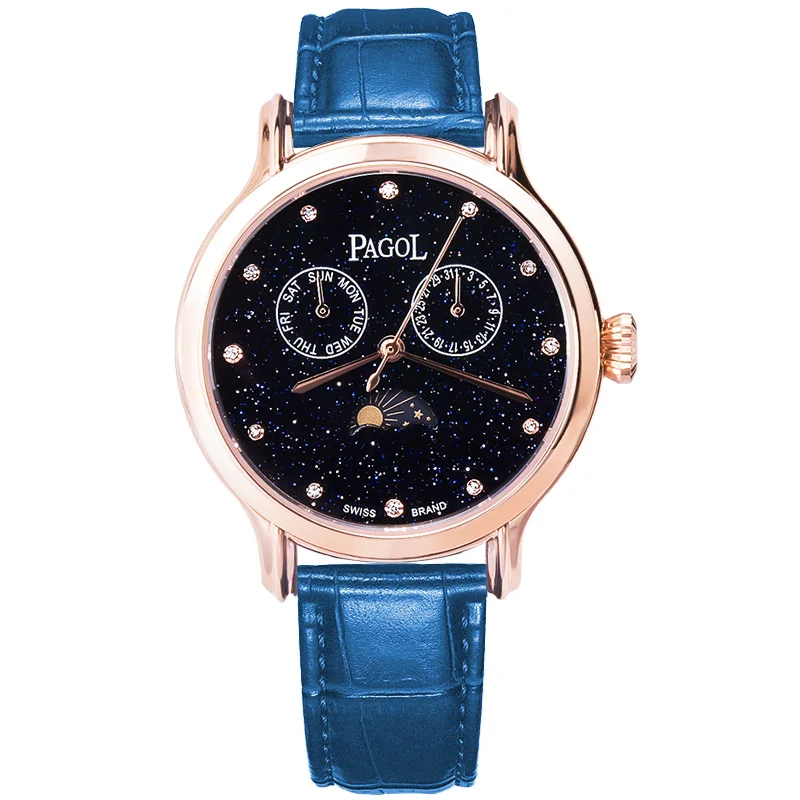 

PAGOL Women's The Commuter Quartz Sandstone Dial Sun Moon Phase Casual Watch With Genuine Leather Strap PA7002-P