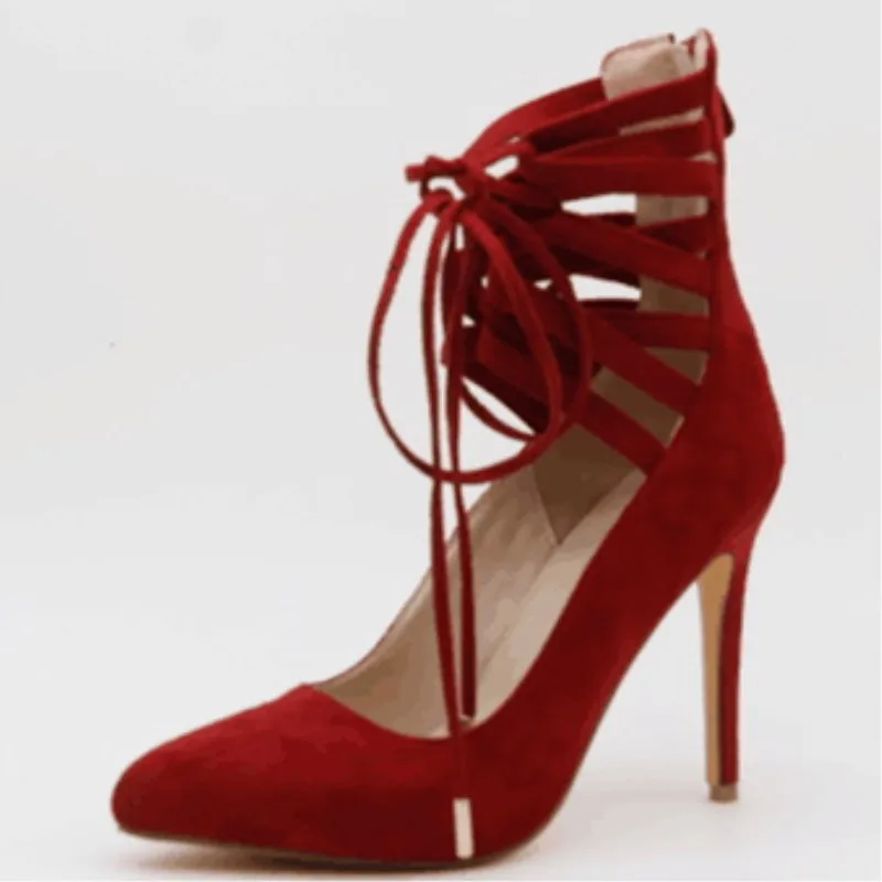 SHOFOO shoes, a beautiful sexy post free red cashmere leather, cross straps, tip, 11 cm high-heeled shoes. SIZE:34-45