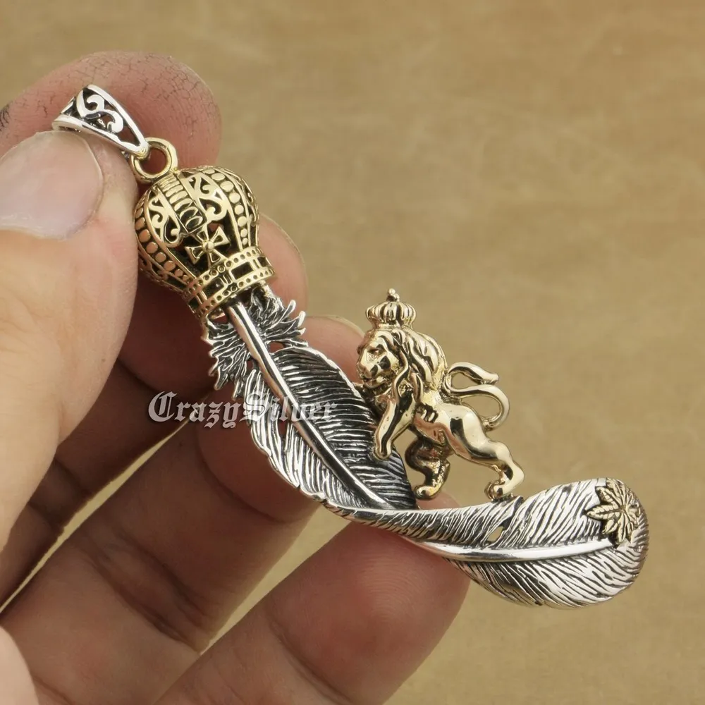 LINSION латунная корона с большим пером серебряная Мужская подвеска для байкеров