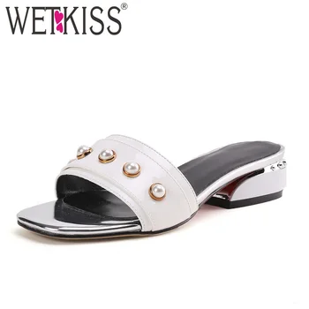 

WETKISS Big Size 44 Thick Heels Women Slippers Open Toe Metal Decoration Slides Footwear 2018 Summer Fashion Ladies Mules Shoes