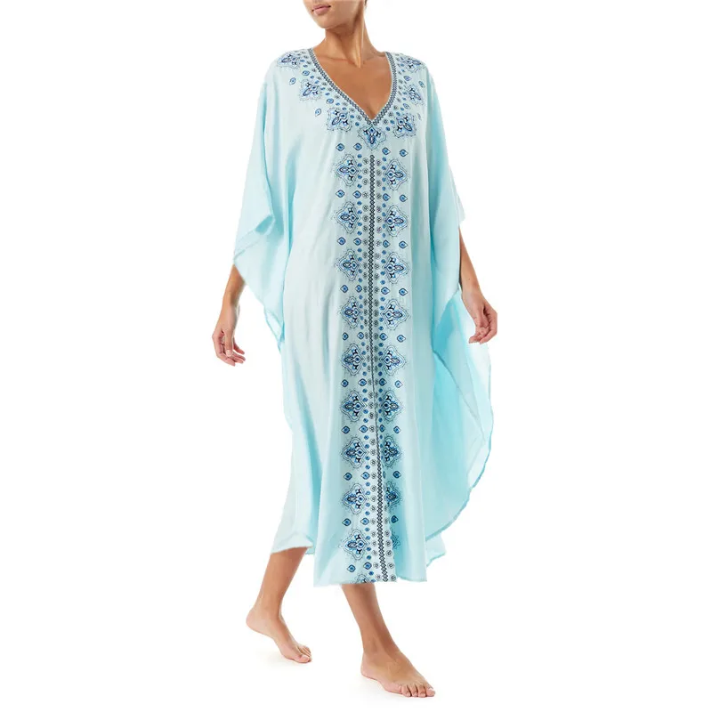 Summer Blue Chiffon Beach Cover Up Tunic Half Sleeves Long Tunic Kaftan